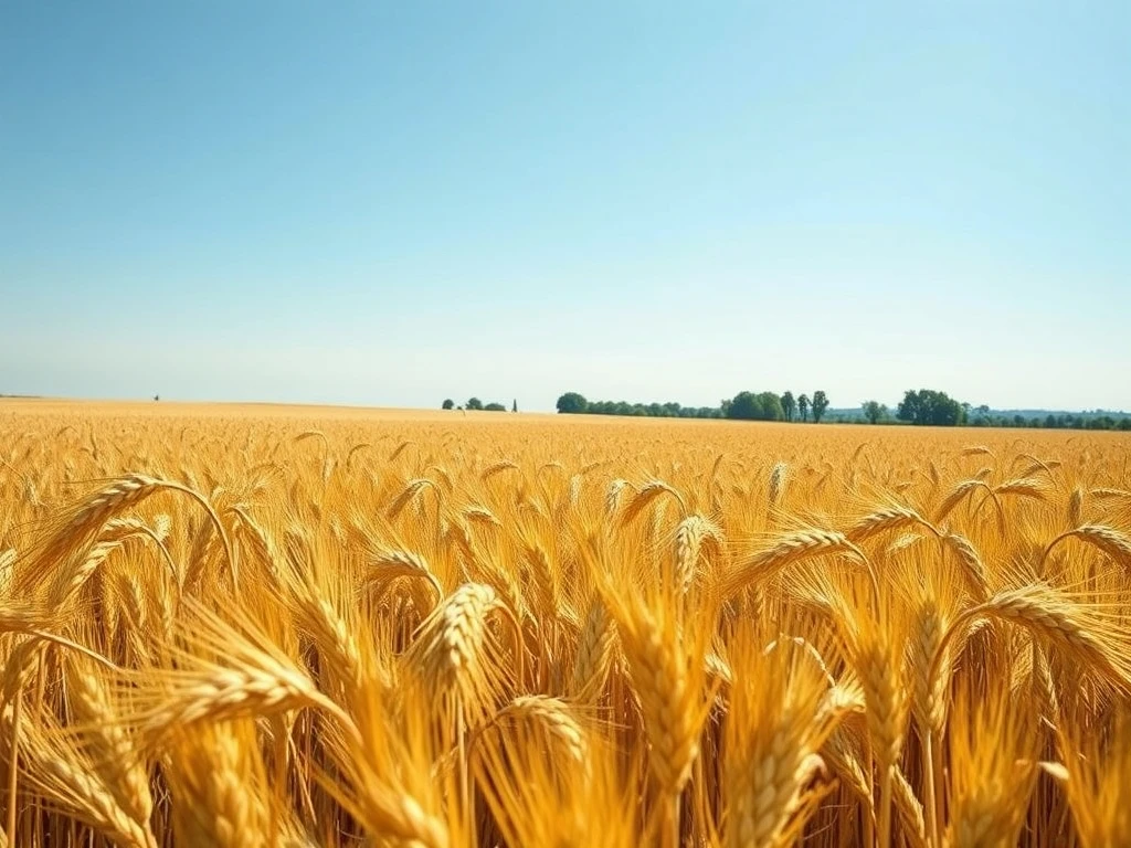 A thriving wheat field under a clear sky, representing the strong commodity rally and agricultural market conditions in March 2026.