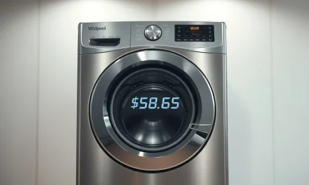 Whirlpool washing machine with stock ticker WHR and share price display, representing insider buying opportunity.