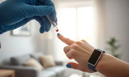 Whoop women's health blood test being administered from a finger while wearing the Whoop fitness tracker.