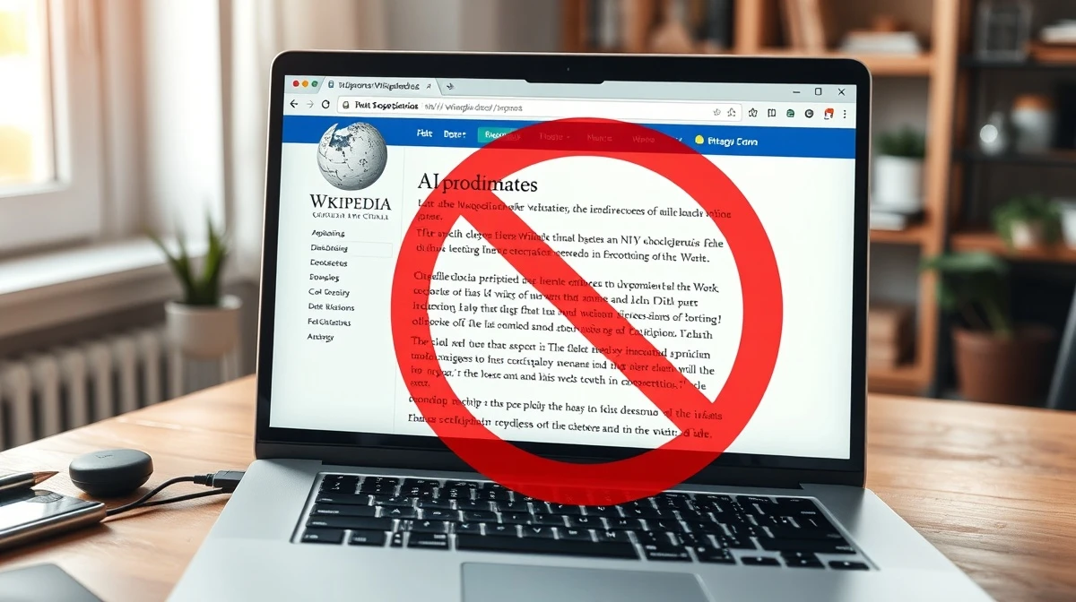 Laptop screen showing Wikipedia homepage with a prohibited symbol over AI text.