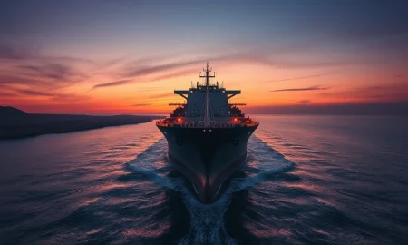 Oil tanker navigating the Strait of Hormuz during a supply disruption impacting WTI crude prices.