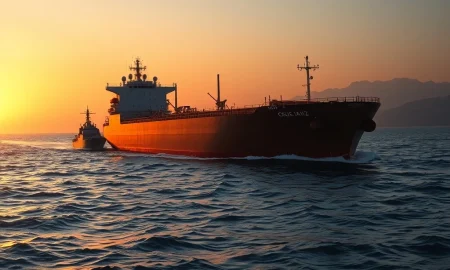 Oil tanker and naval escort in Strait of Hormuz amid WTI crude oil price volatility