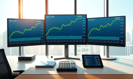 Financial trading desk showing XLSR ETF and holdings Disney, Alphabet, Apple stock analysis with upward trends