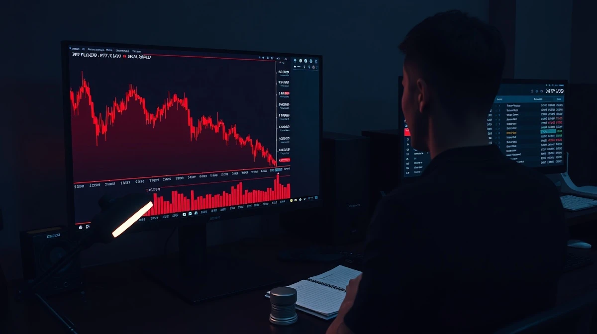 Analyst reviewing XRP price chart and ETF outflow data on a financial workstation.