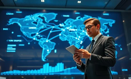 Analyst in bank operations center reviewing global transaction data on a digital map.
