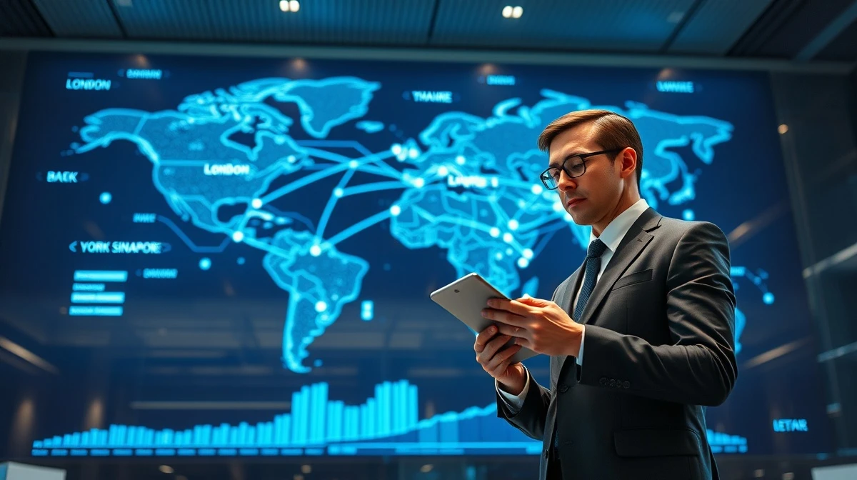 Analyst in bank operations center reviewing global transaction data on a digital map.