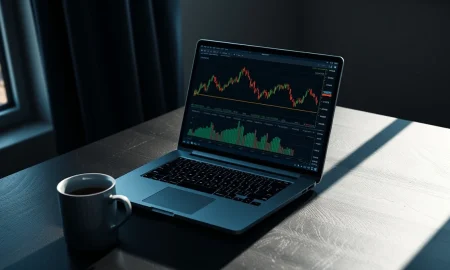 Analyst reviewing cryptocurrency market charts for XRP price analysis on a laptop.