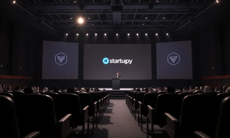 Presentation stage at a tech conference following Y Combinator's Winter 2026 Demo Day event.
