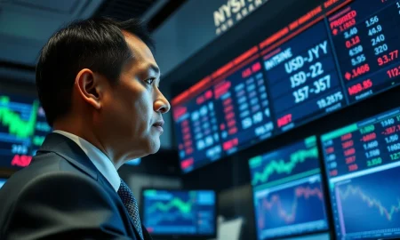 A trader monitors USD/JPY and other currency pairs on financial market screens.