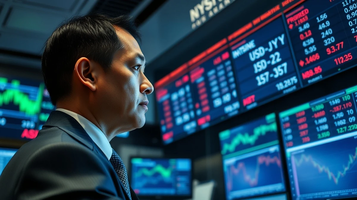 A trader monitors USD/JPY and other currency pairs on financial market screens.