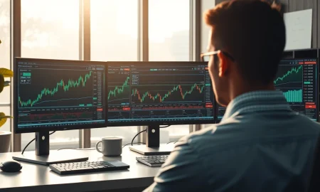 Stock charts and financial data on trading desk monitors showing momentum analysis.