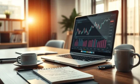 Financial analyst reviewing stock performance charts on a laptop.