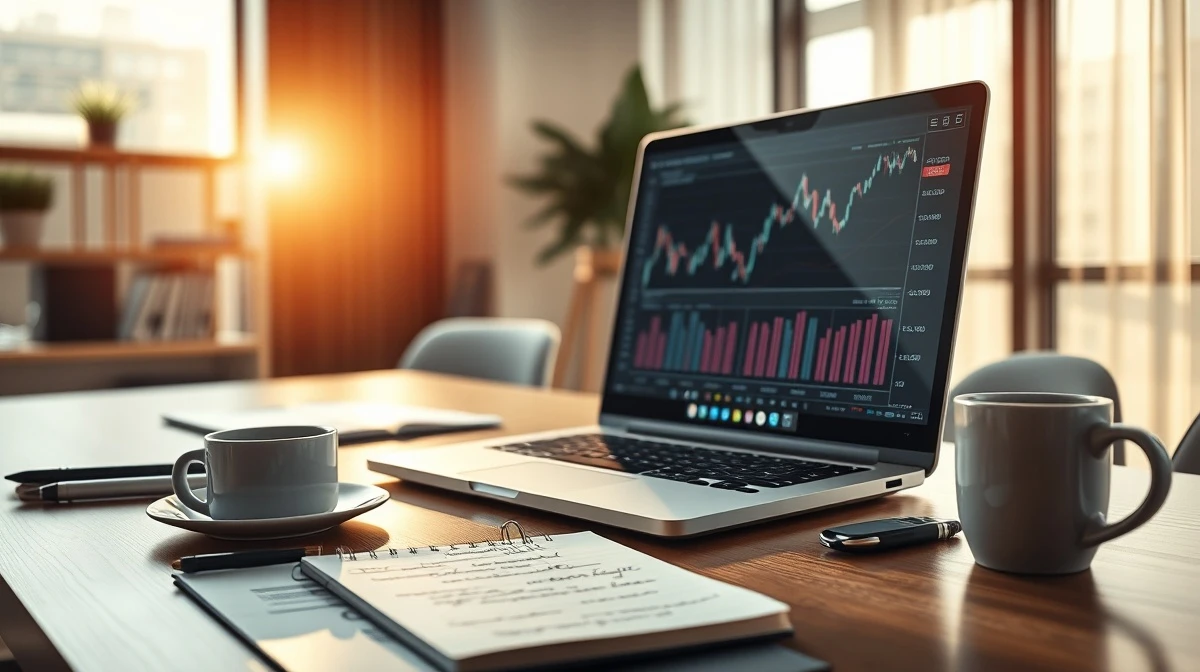 Financial analyst reviewing stock performance charts on a laptop.