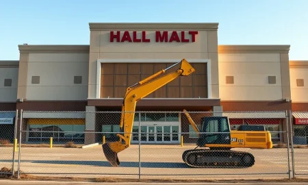 Demolition equipment at a vacant zombie mall in Columbus, Ohio, slated for conversion into apartments in 2026.