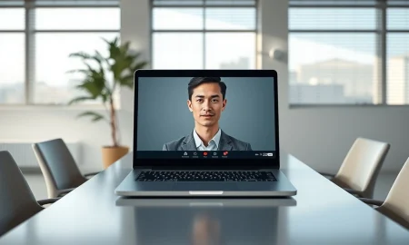 Zoom AI avatar representing a user in a video meeting on a laptop in a modern office.