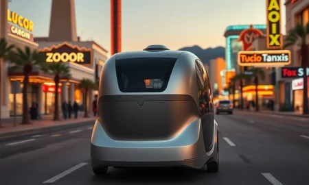 Zoox autonomous robotaxi driving on the Las Vegas Strip as part of its planned Uber partnership launch.