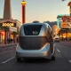 Zoox autonomous robotaxi driving on the Las Vegas Strip as part of its planned Uber partnership launch.