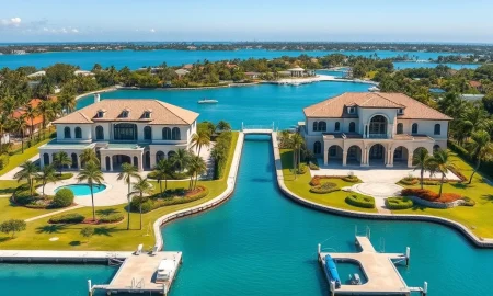 Luxury Miami waterfront estates purchased by Mark Zuckerberg and Sergey Brin for a combined $220 million.