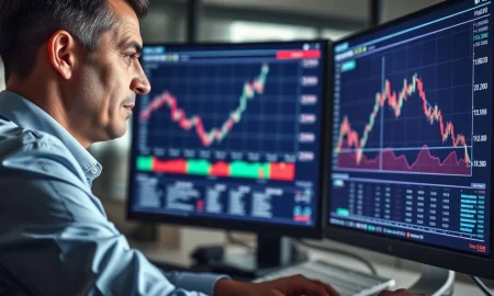 Analyst reviewing a declining stock chart for Adobe (ADBE) on a financial monitor.