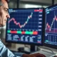 Analyst reviewing a declining stock chart for Adobe (ADBE) on a financial monitor.