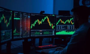 A trader's monitor displays a cryptocurrency price chart showing altcoin gains.