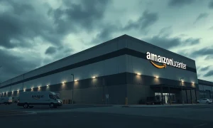 Exterior of an Amazon fulfillment center warehouse in Oregon.