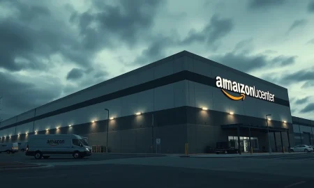 Exterior of an Amazon fulfillment center warehouse in Oregon.