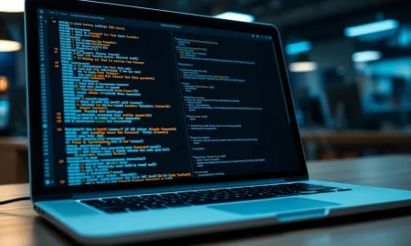 A laptop screen showing lines of code, representing the Anthropic source code leak.