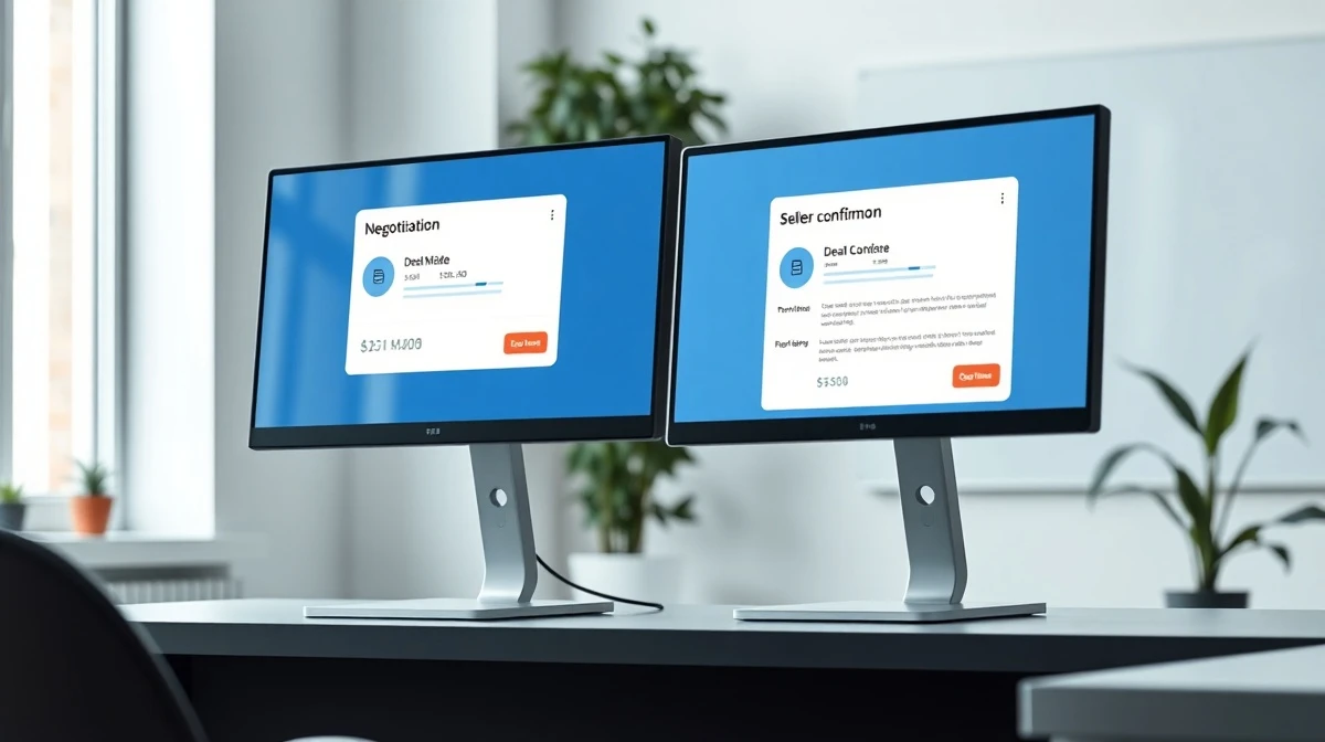 Anthropic AI agent marketplace interface showing a completed transaction on two monitors in a modern office