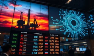 Asian currency exchange board with oil and AI visual metaphors in background, illustrating Commerzbank analysis