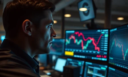 A trader monitors falling Australian Dollar exchange rates on a financial terminal.