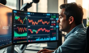 A trader monitors the Australian Dollar exchange rate on a financial terminal.