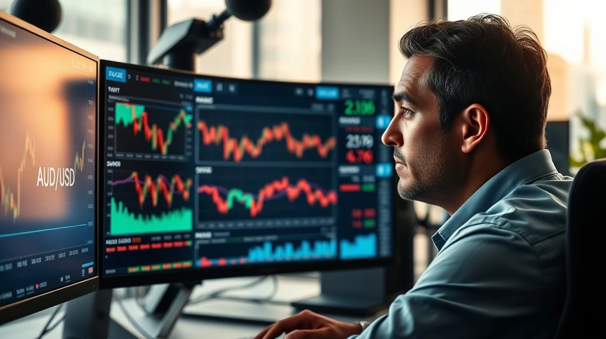 A trader monitors the Australian Dollar exchange rate on a financial terminal.