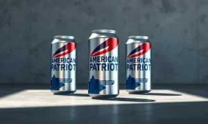 Three American Patriot beverage cans, the new brand from Barron Trump, on a studio surface.