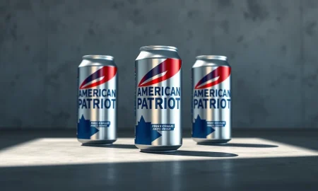 Three American Patriot beverage cans, the new brand from Barron Trump, on a studio surface.