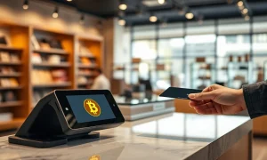 Bitcoin payment terminal on a retail counter with a glowing Bitcoin symbol on the screen.
