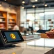 Bitcoin payment terminal on a retail counter with a glowing Bitcoin symbol on the screen.