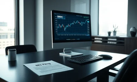 A financial desk with documents and a screen showing Blue Owl Capital stock data.