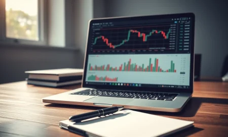 Analyst reviewing stock charts for business services companies on a laptop screen.