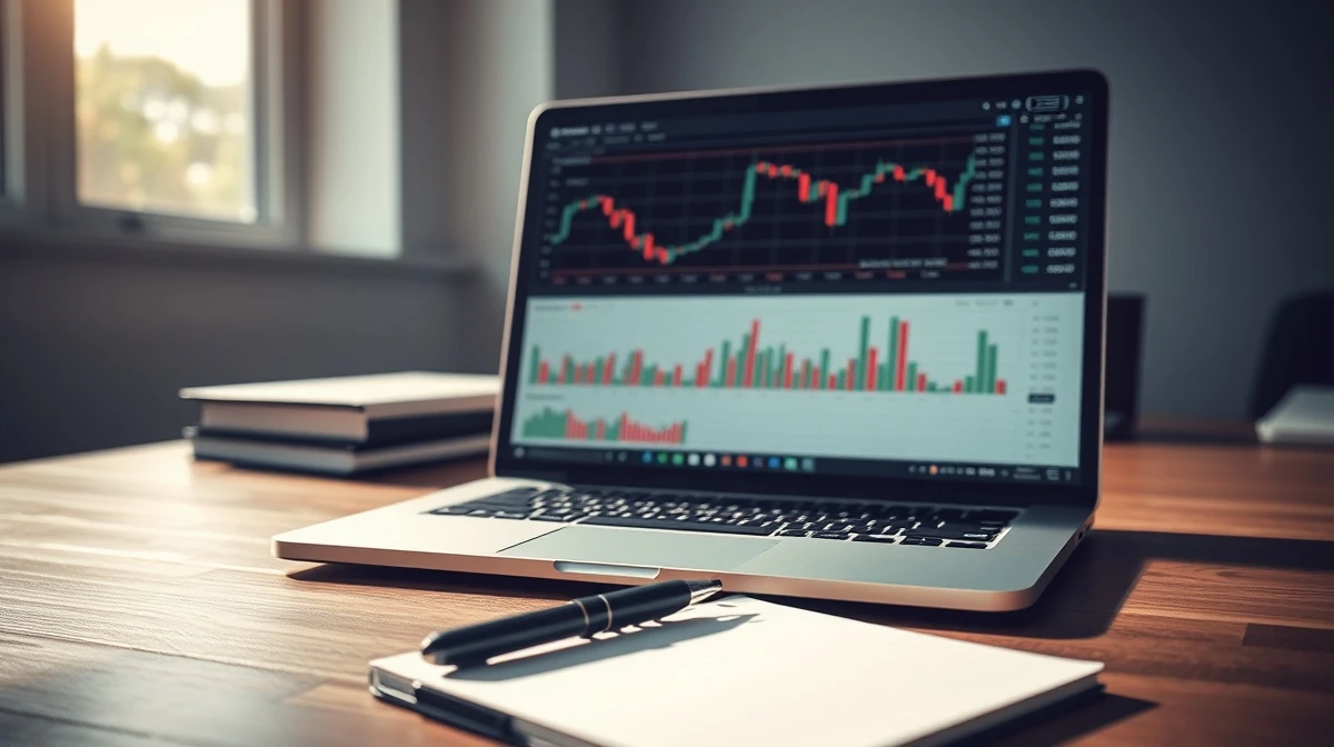 Analyst reviewing stock charts for business services companies on a laptop screen.