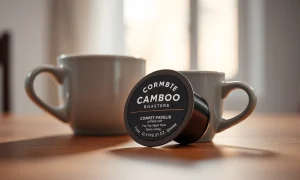 A close-up of a Cambio Roasters compostable coffee pod next to a full mug of coffee.