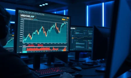 A forex trading chart showing the US dollar rising against the Canadian dollar.