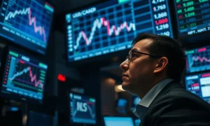 A financial trading desk monitor showing a chart of the Canadian dollar rising against the US dollar.