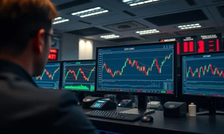 Financial trader monitors USD/CAD forex chart on a screen amid market movement.
