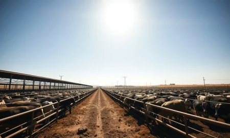 Cattle in a feedlot with futures price data overlay.