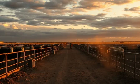 Cattle in a feedlot with futures prices declining on April 21, 2026.