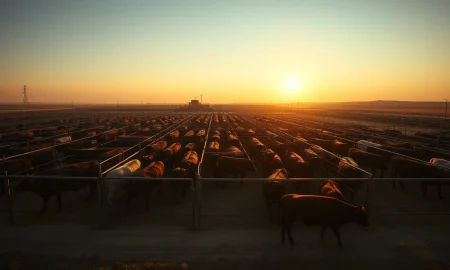 Cattle in a feedlot with futures market data overlay.