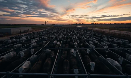 Cattle in a feedlot with a focus on livestock commodity markets.