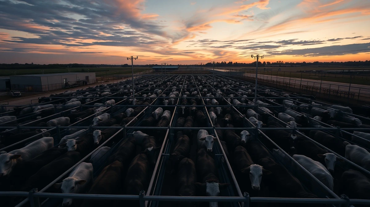 Cattle in a feedlot with a focus on livestock commodity markets.
