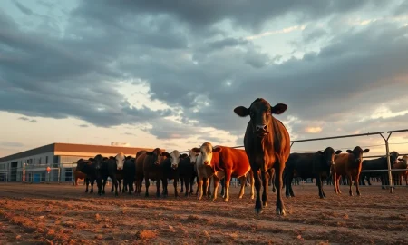 Cattle in a feedlot with a dramatic sky, representing the livestock market.